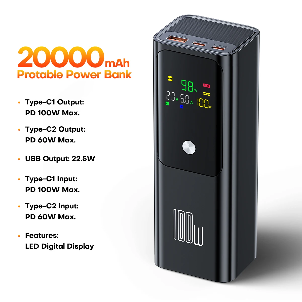 QOOVI PD 100W Banque d'alimentation 20000mAh Capacité de batterie externe Fast Charging Portable Charger Powerbank pour ordinateur portable iPhone Samsung