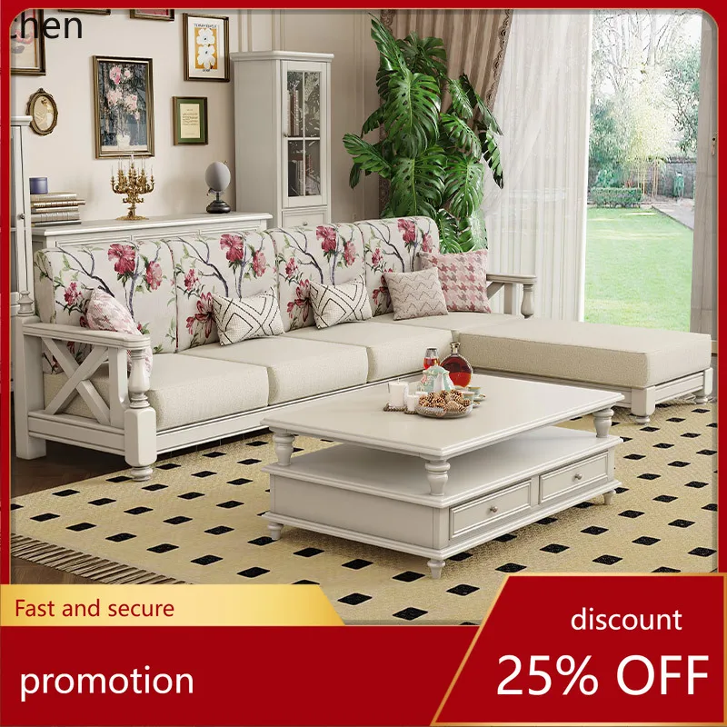 ZML Solid Wood Fabric Retro Small Apartment Living Room Furniture Three-Seater Set