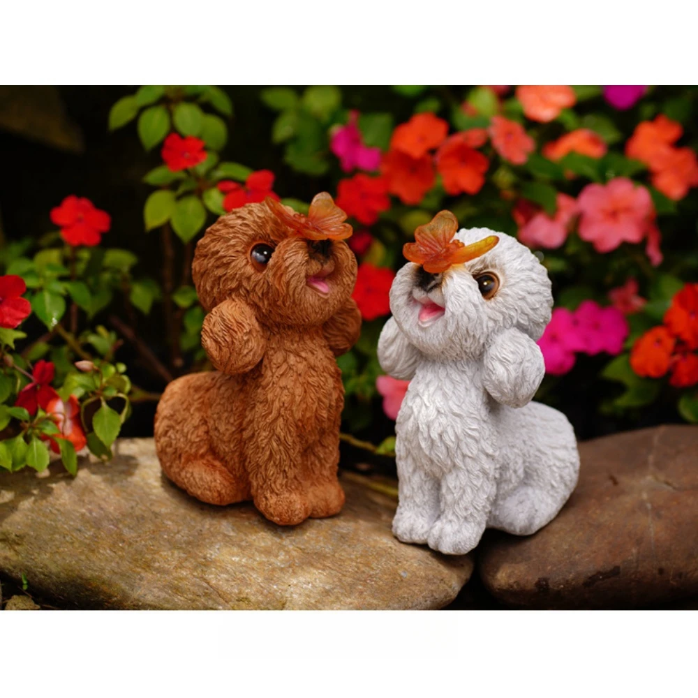 Teddy Dog Solar Garden Light Outdoor Statues Dogs with Butterfly Cute Puppy Ornaments for Patio Yard Ornament Outdoor Decor Gift