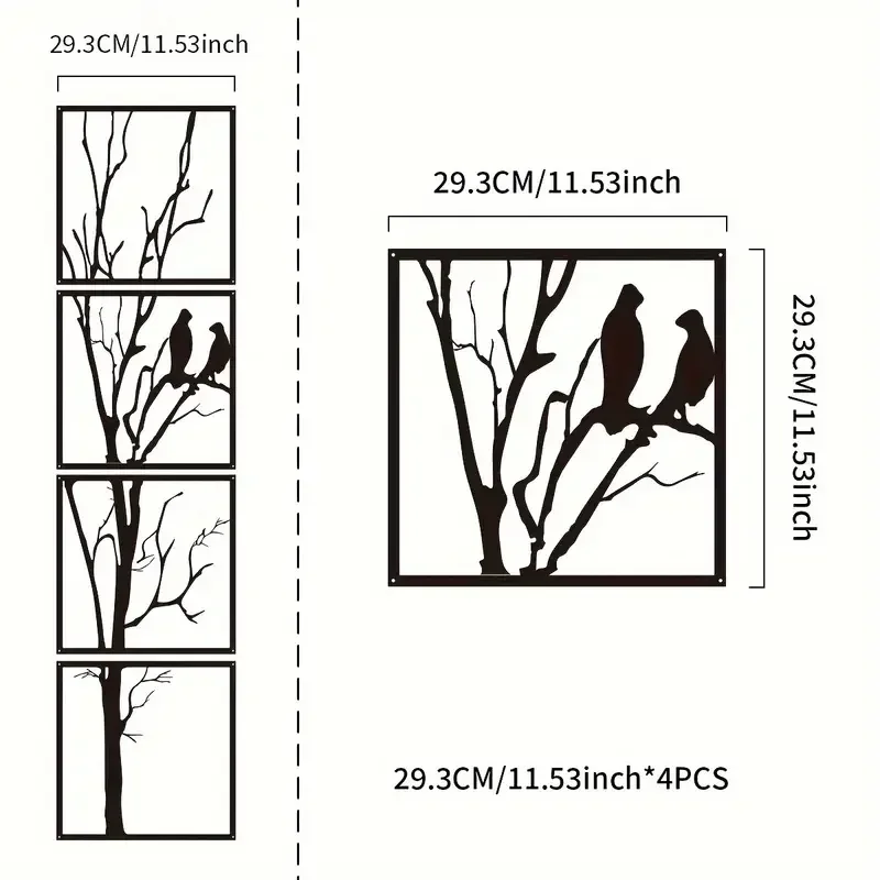 4pcs Metal Fashionable Black  Bird Branch Wall Art - Decorative Art Home and Office Indoor/Outdoor Decoration, Perfect Gift