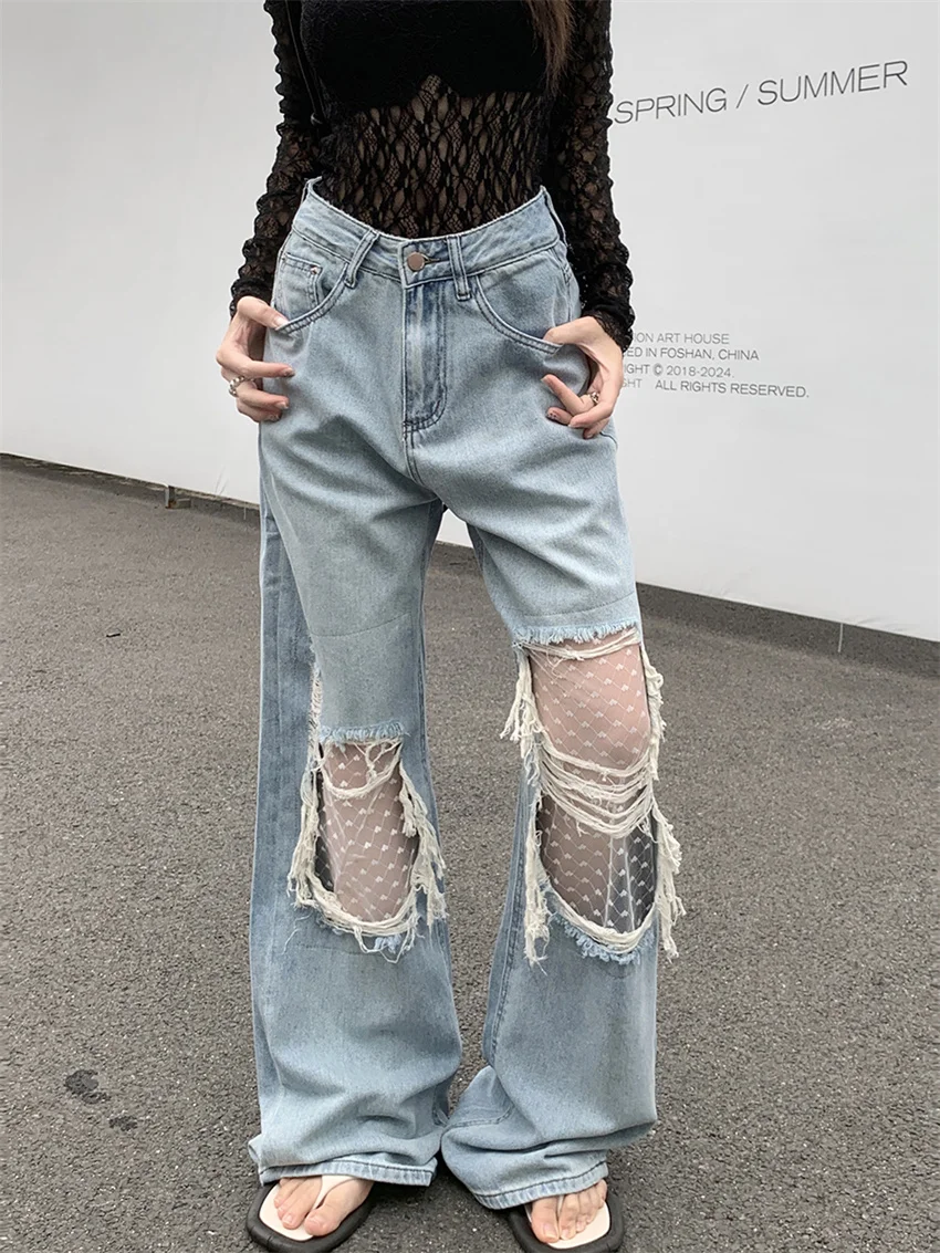 PLAMTEE Wide Leg Jeans Patchwork Lace Hole Vintage Fashion Summer High Waist Slim New Chic Daily All Match Straight Pants