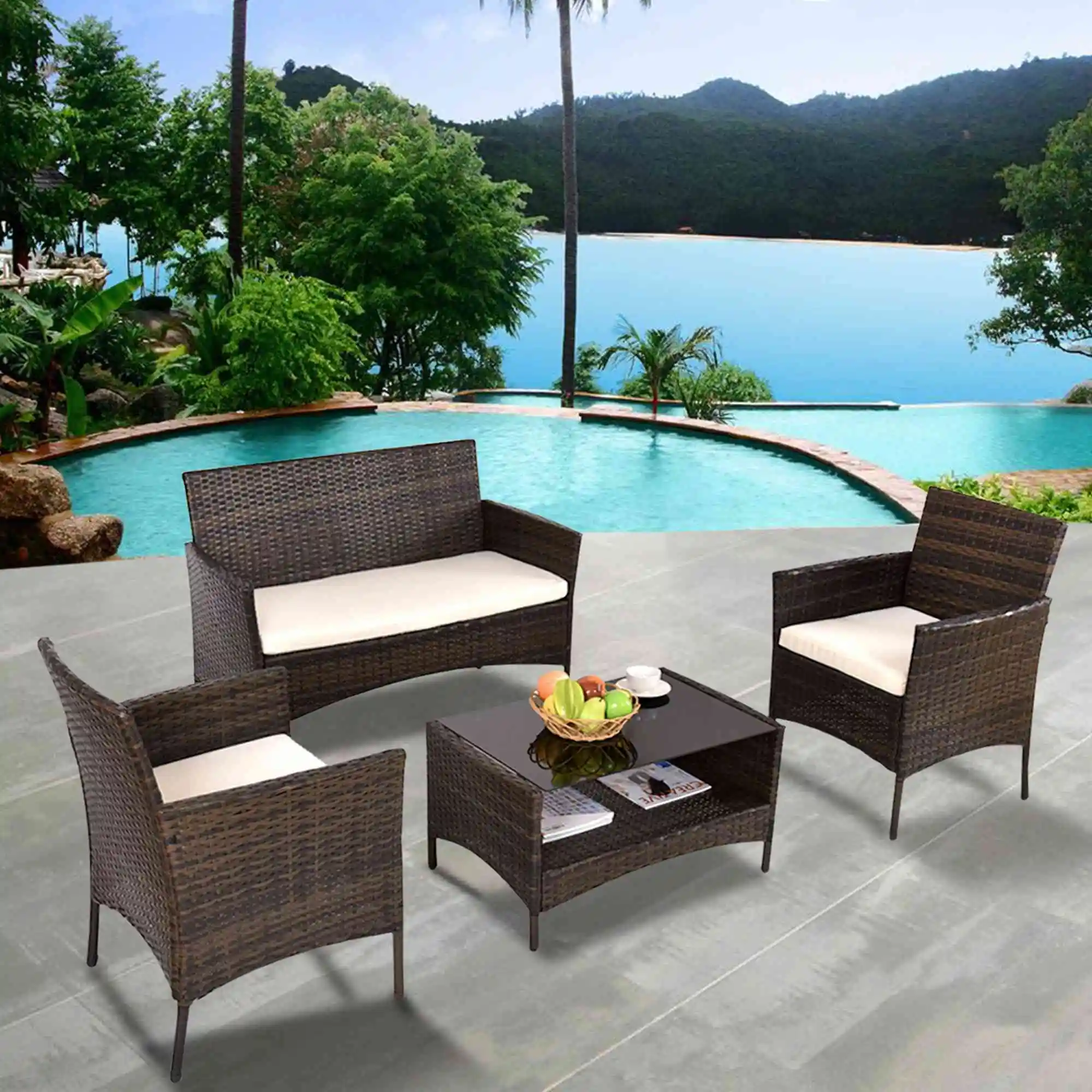 

4pcs Patio Rattan Furniture Set Table Shelf Sofa Outdoor Garden W/ Beige Cushion
