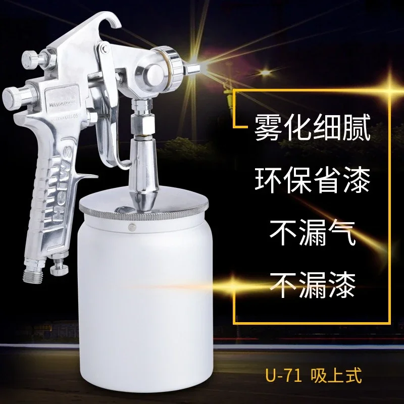 Pneumatic paint spraying tool 71 topcoat upper and lower pot 77 bottom