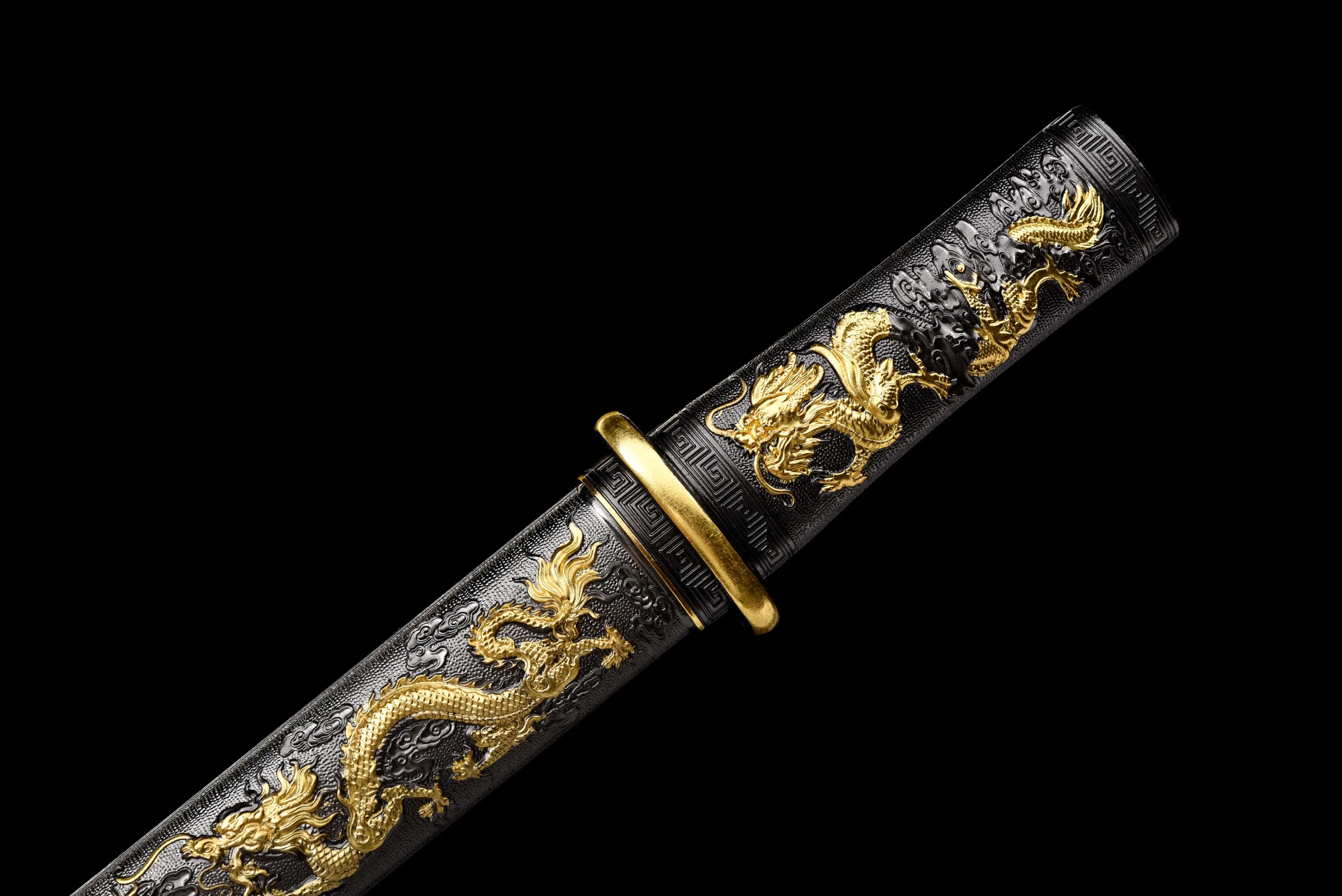 42cm Medieval short sword, dragon and phoenix design, katana folding, forged Damascus steel, combat readiness, sharp, full tang