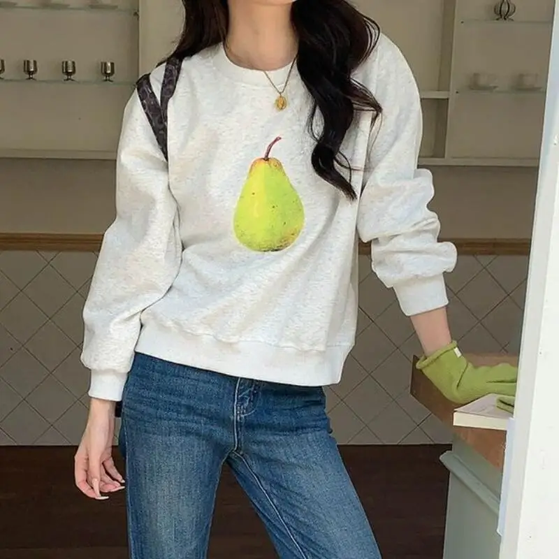 

Женская толстовка в корейском стиле с длинными рукавами и круглым вырезом, на флисовой подкладке, для ранней весны, с креативным фруктовым принтом, свободного кроя, новая модная модель