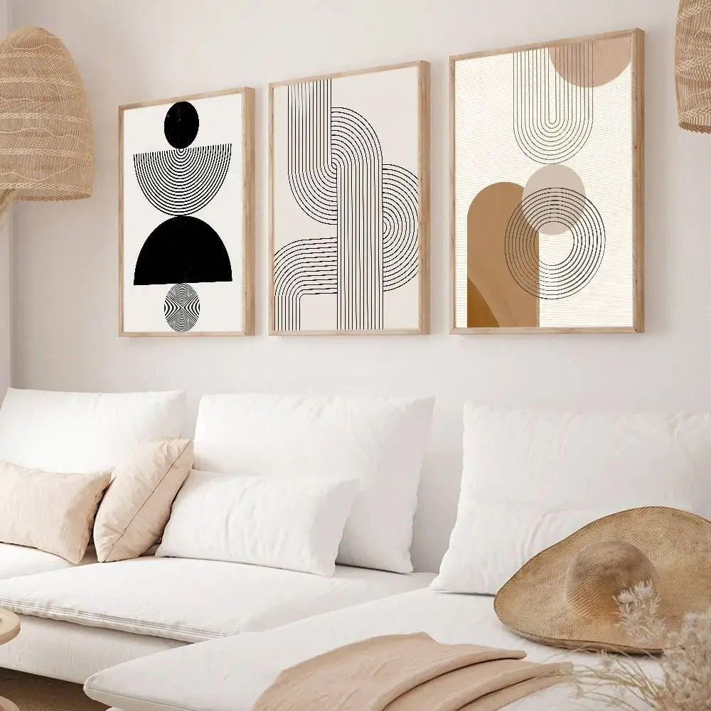 Art Abstract Geometric Beige Black Poster Wall Art Canvas Painting for Club Living Room Home Decor