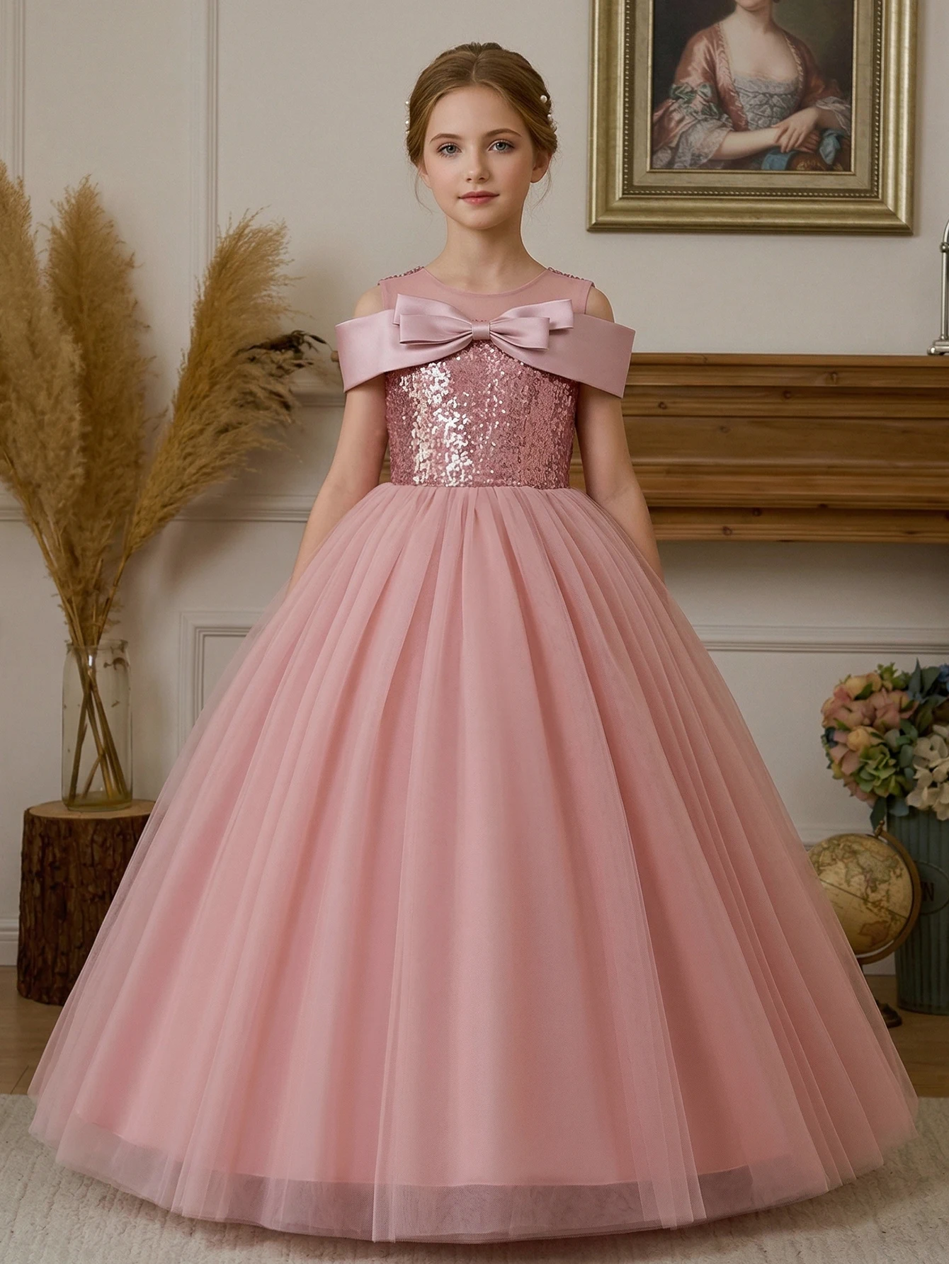 Teen Girl Elegant Young Lady Pink Party Dress with Sequins Mesh Netting, Decorated with Bowknots,One-Shoulder Long Dress,Wedding