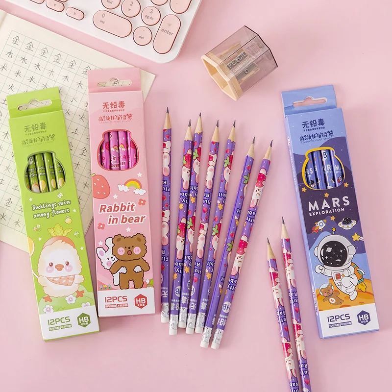 12 Pcs/box  School Cute Stationery Supplies Students Drawing Pencils School Supplies for child gifts Cartoon Pencil with Eraser