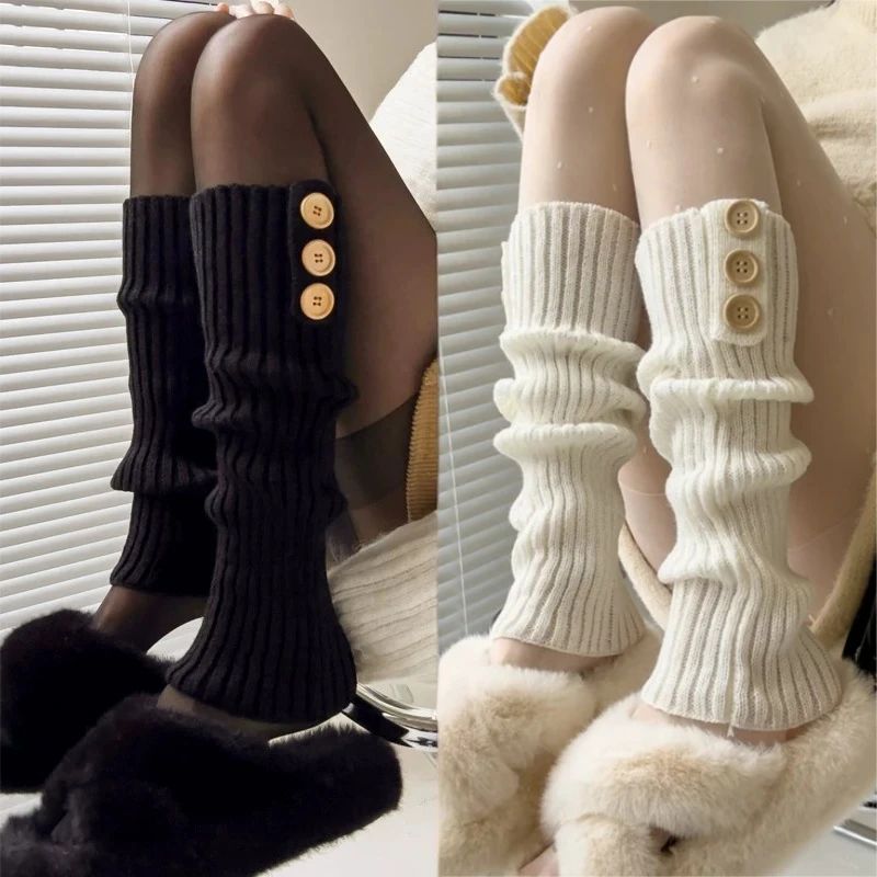 Black Y2K Winter Leg Warmers Korean Fashion Fluffy Knitted Ribbed Buttons Gothic Lolita Slouchy Socks Women Stretchy Boots Cover