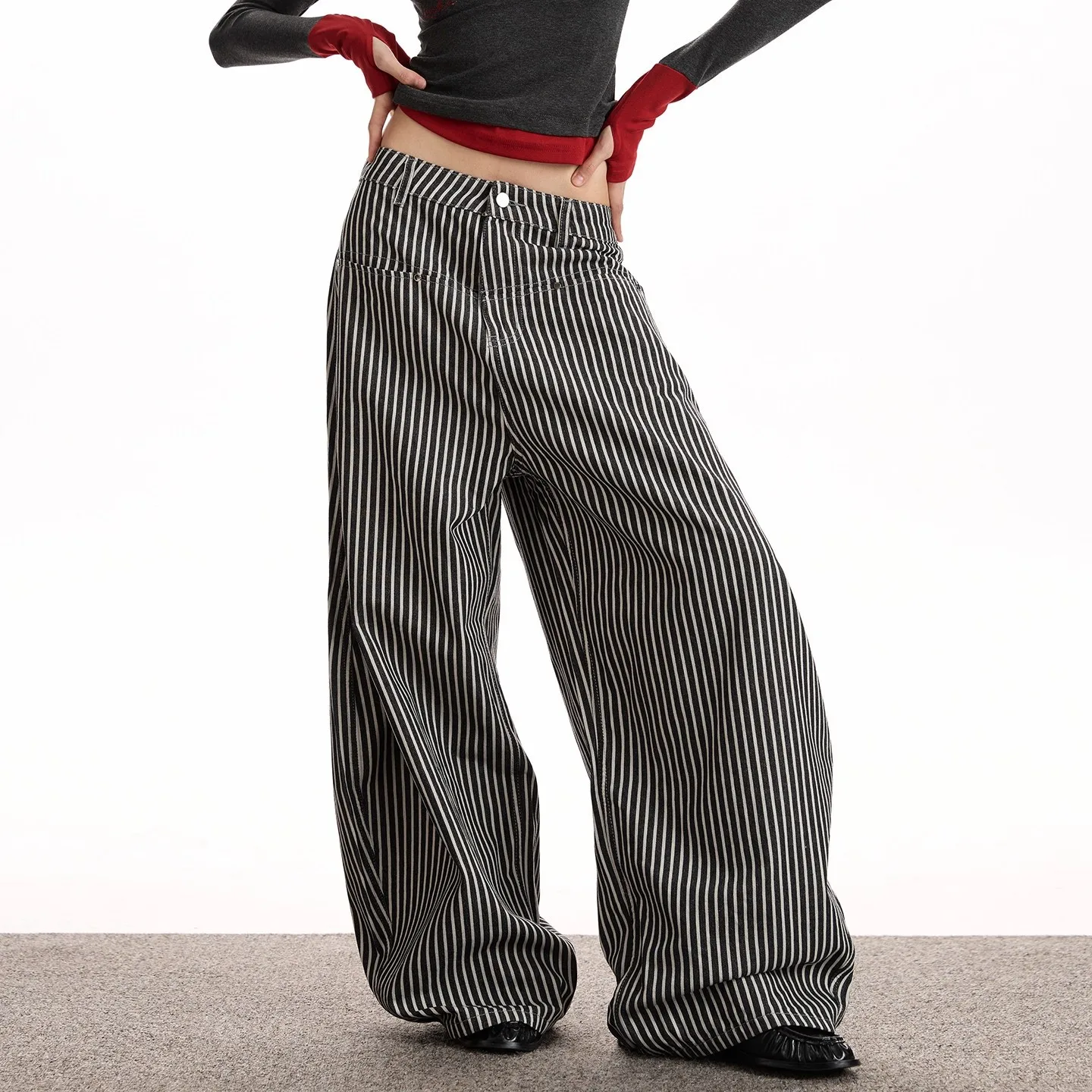 American Retro Striped Design Wide Leg Straight Loose Street Style Jeans Unisex Knife Edge Casual Trousers for All Seasons