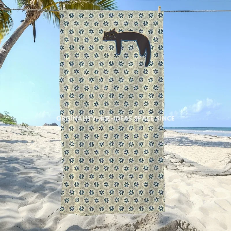 

Vintage Floral Lazy Cat Beach Towel Patterned Sunscreen And Windproof Suitable For Swimming Pool Camping Travel