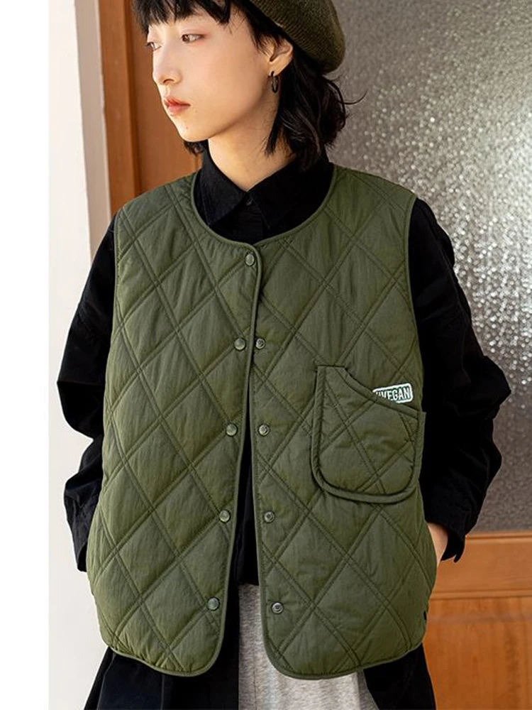 Autumn Winter Cotton Vest Women Vintage Plaid Sleeveless Jacket Female Warm V Neck Padded Coat Ladies Casual Loose Unisex Vests