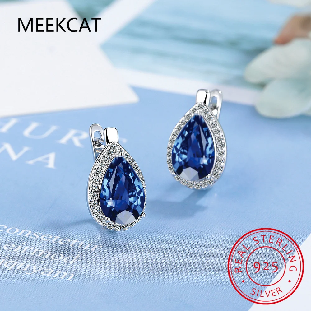 Pear Cut Created Blue Sapphire 925 Sterling Silver Water Drop Hoop Earring for Women Fashion Statement Gemstone Jewelry Huggies