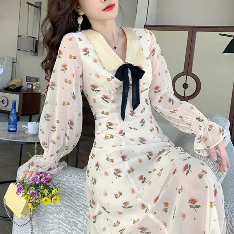 

French Small Fresh Sweet Chiffon Print Dresses Women Spring Summer Flare Sleeve Fashion Peter Pan Collar Dress Female High Waist