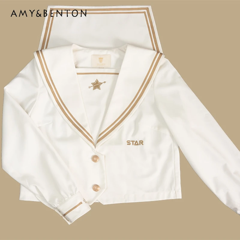 Japanese JK Uniform College Style Sailor Collar Summer Autumn Long Short Sleeves White Embroidery Fashion Versatile Tops Girls