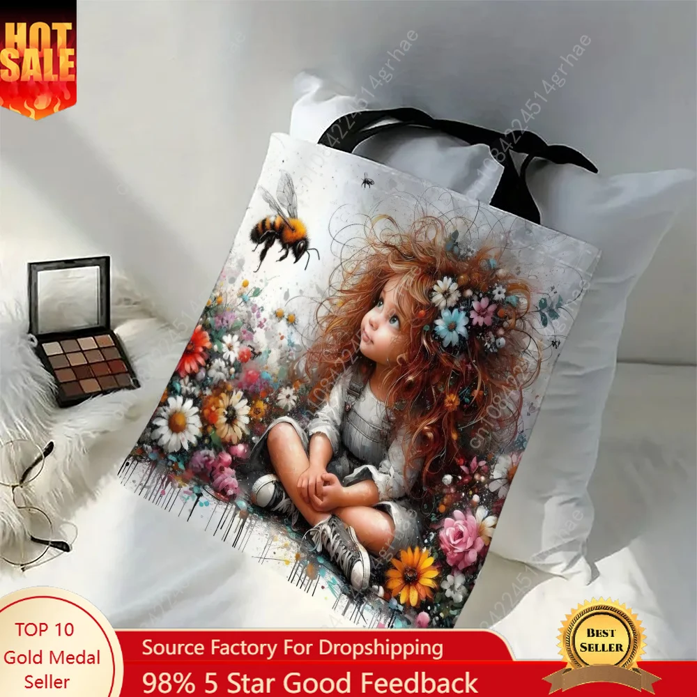 1pc Cute Cartoon Girl Design Schoolbags Student Gift  Women's Handheld Shoulder Bag Eco Foldable Reusable Shopping Bag 30x35cm