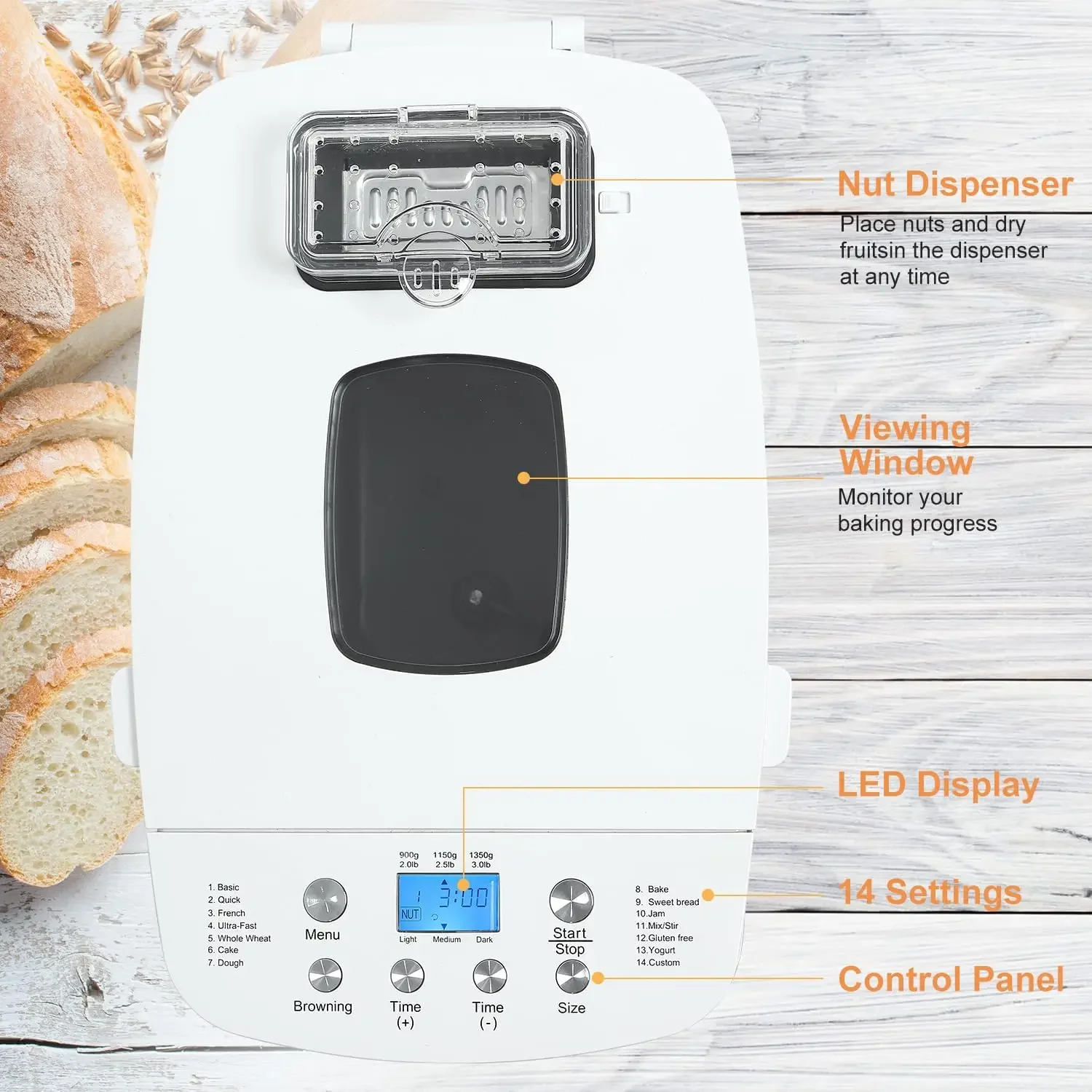 Máquina de fazer pão com configuração sem glúten 3LB 2,5LB 2LB Máquina automática de pão com dispensador de frutas e nozes Máquina de fazer pão 14 em 1