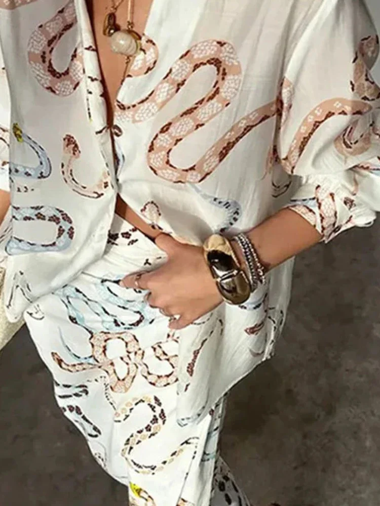 カジュアル長袖ボタンアップ襟レディーススカートスーツルーズ V ネックプリントトップハイウエストハーフスカート夏のスーツ女性のための