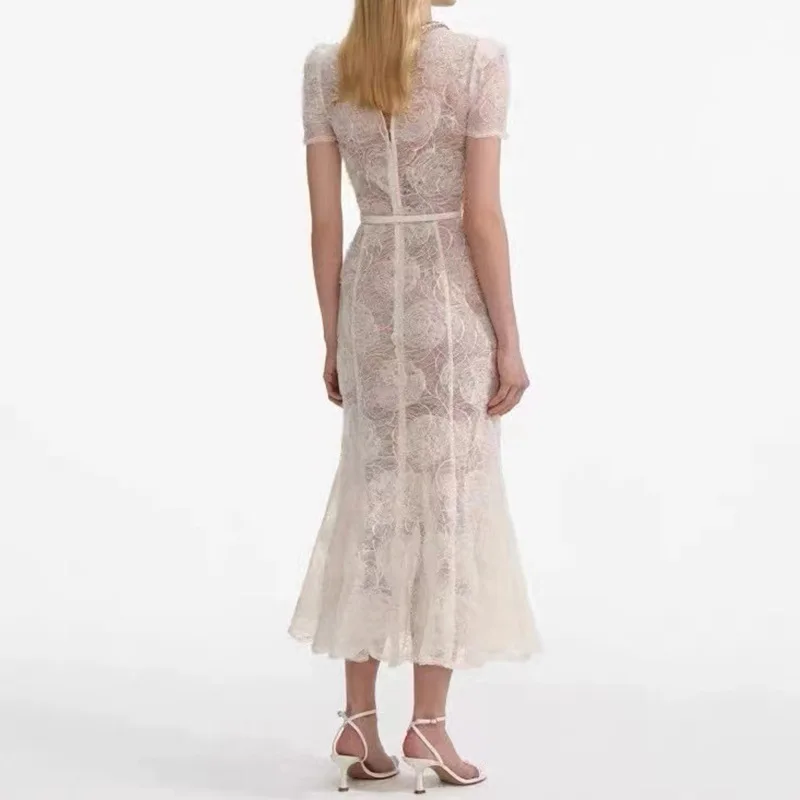 Luxe formele avondborduurwerk kanten lange jurk dames met diamanten verfraaid pure kristallen midi fishtail-jurken met korte mouwen