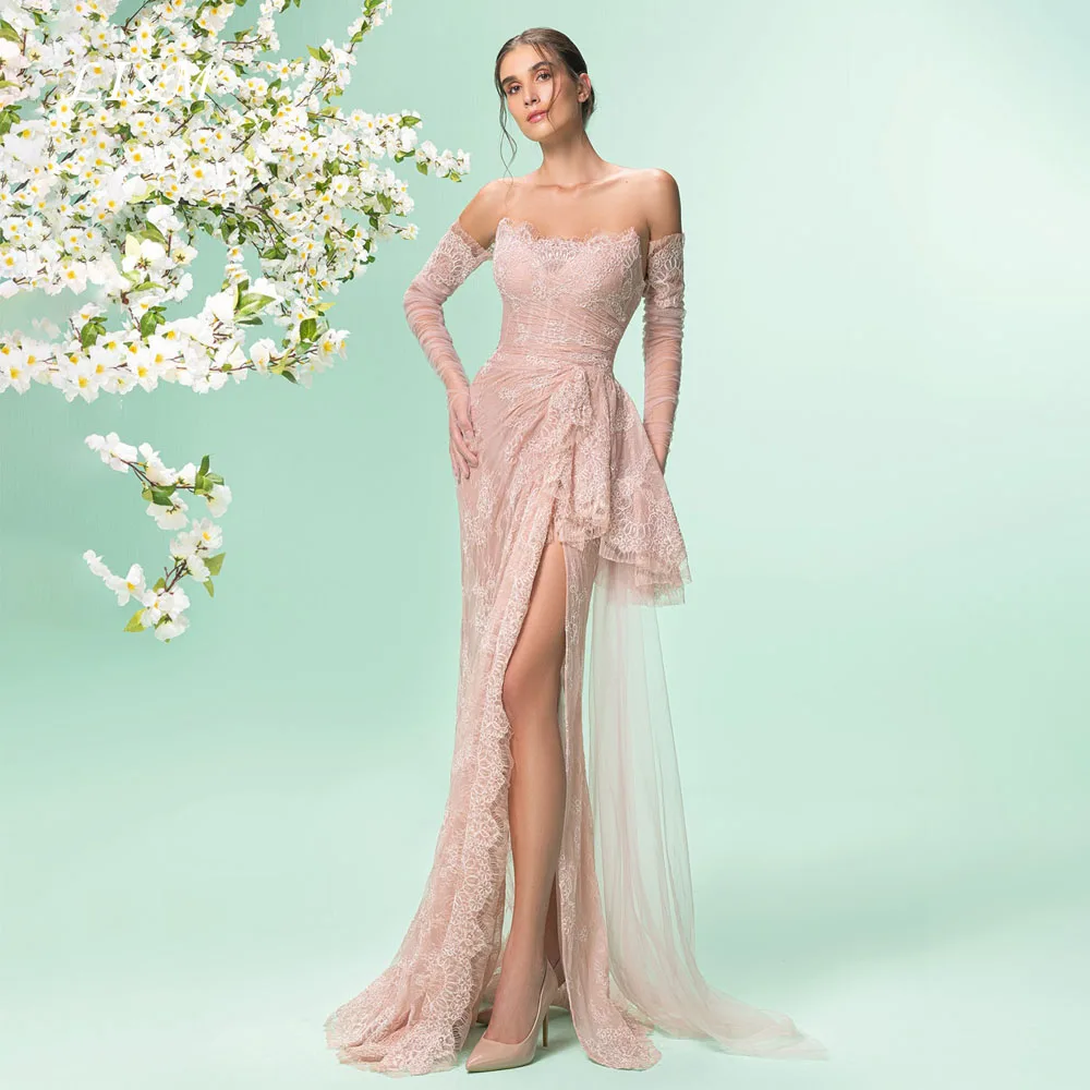

LISM Lace Pink Strapless Evening Dresses with Gloves High Slit Pleated for Woman Arabic Prom Gown robe de soirée Customized