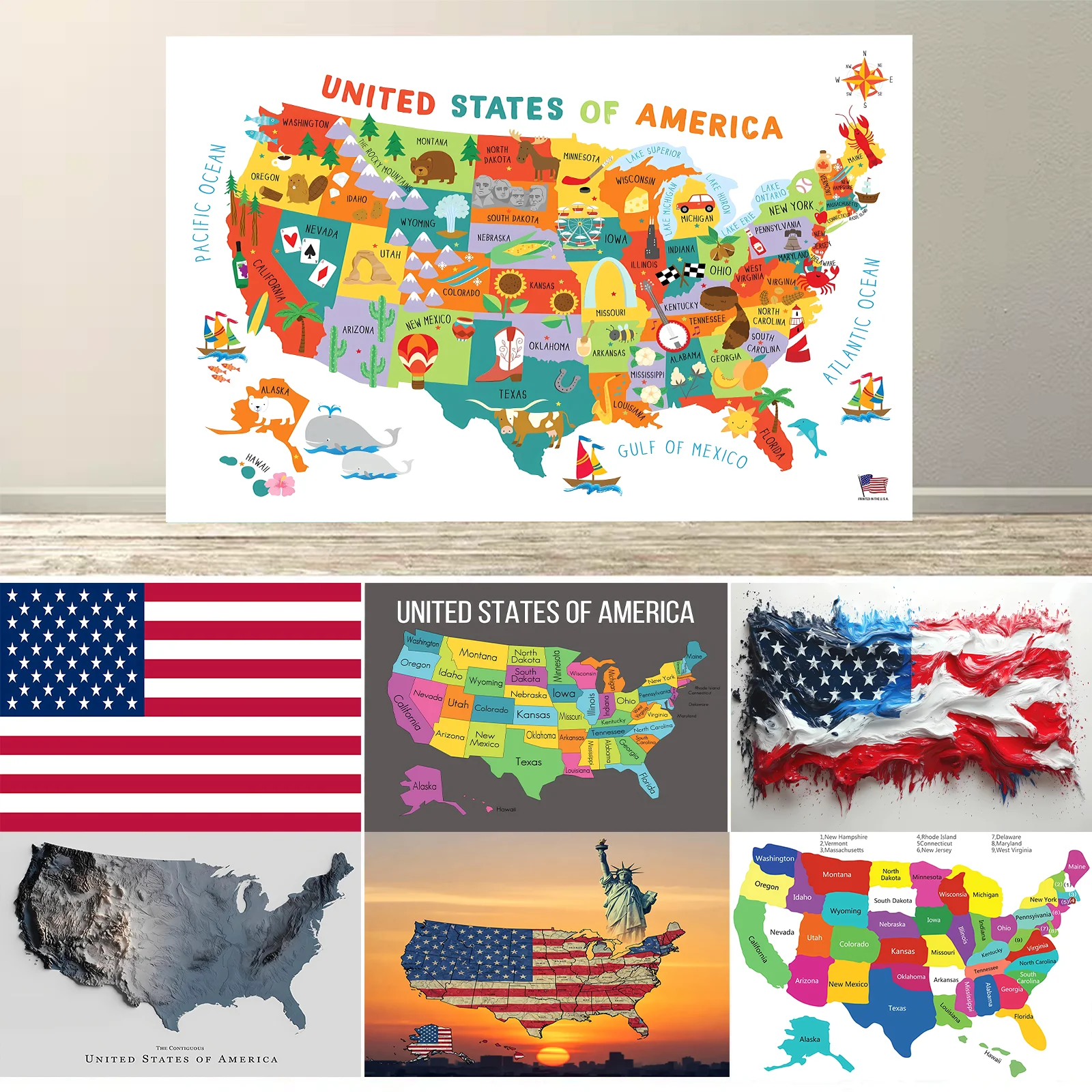 

United States MAP Poster for Kids Educational learning Wall Hanging for Living Room Nursery Home Decor US Map National Flag
