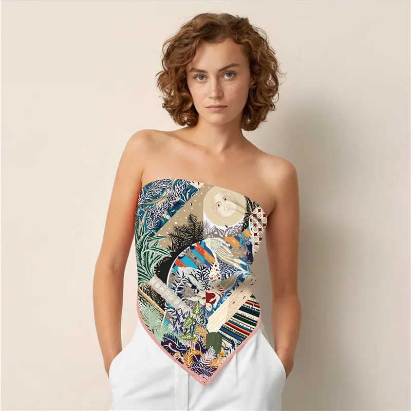 

Twill Silk Scarf Fashion Shawl Luxury Brand Forest Night Square Scarf Women Hijab Bandana Foulard Neckerchief Head Scarves 90CM