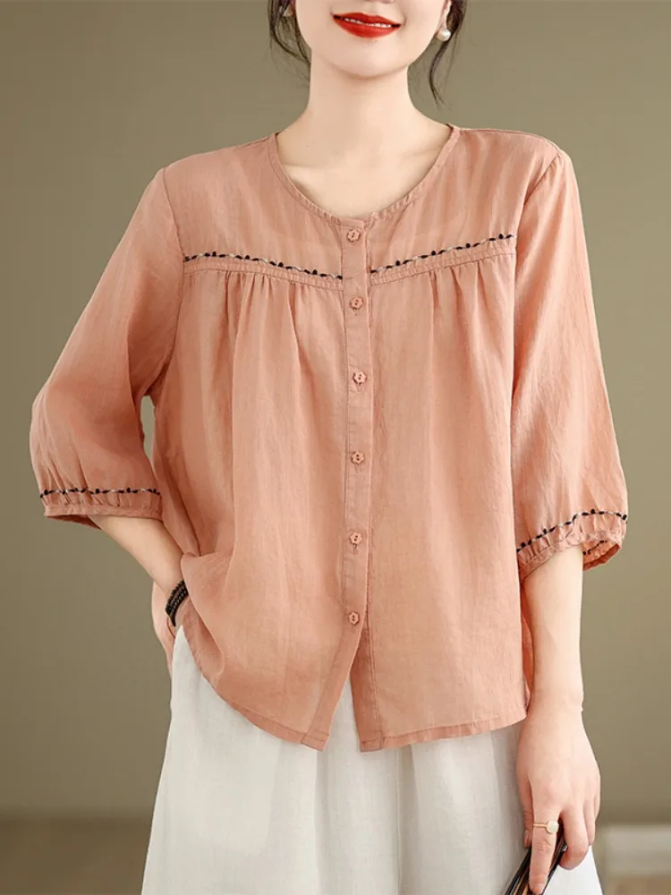 

Retro Artistic Embroidered Patchwork Pure Color Cotton Linen Women's irt Summer Trendy Age-Defng Versatile round Ne Sev...