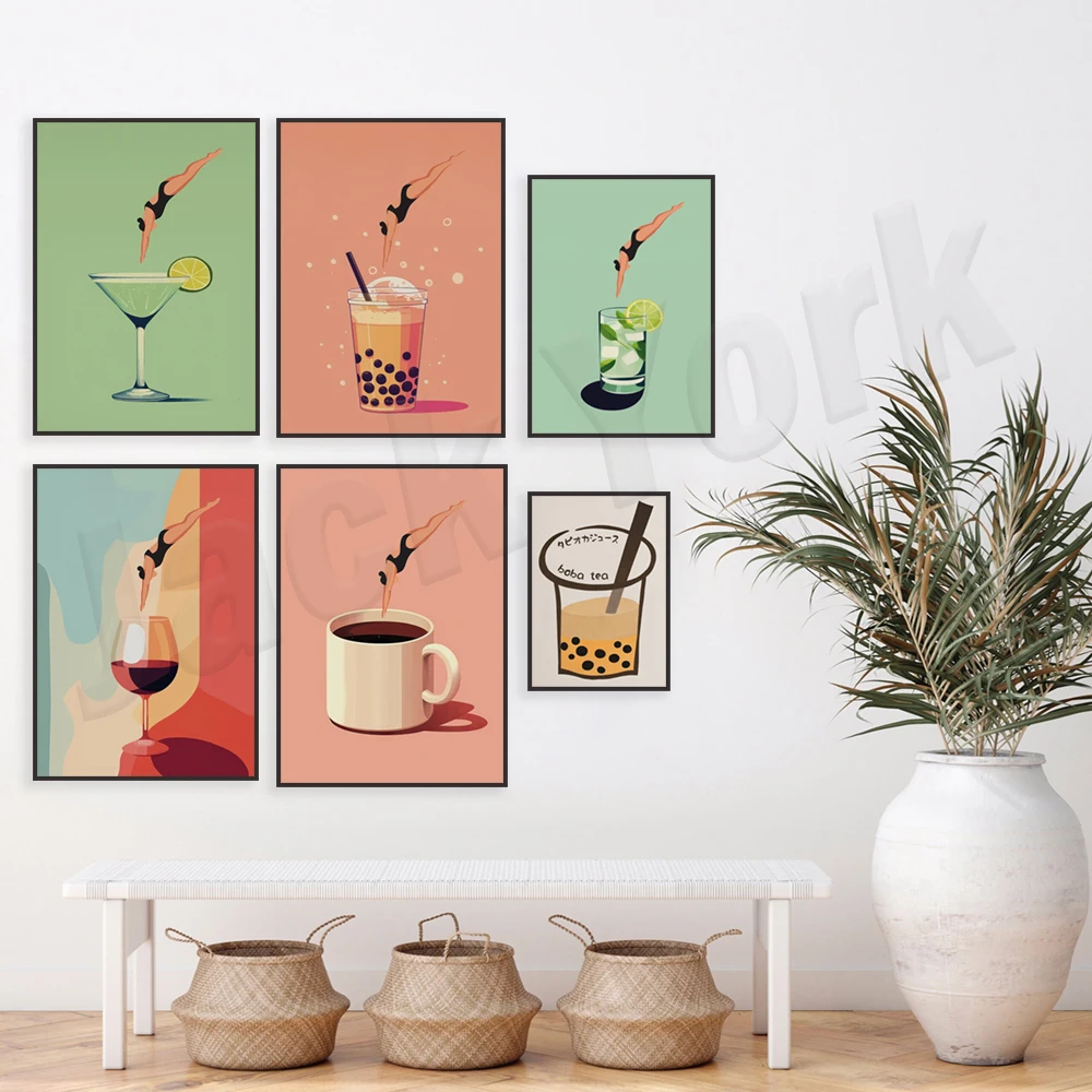 Wine wall art, gin and tonic, coffee wall art, bubble tea art, 70s aesthetic art, wine gifts, vintage cocktail kitchen posters