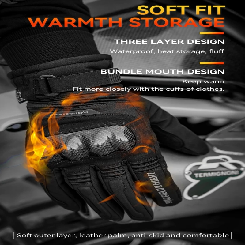 SFK Motorcycle Gloves Winter Warm Waterproof Carbon Fiber Knuckle Protection Touch Screen Full Finger Riding Gears Accessories