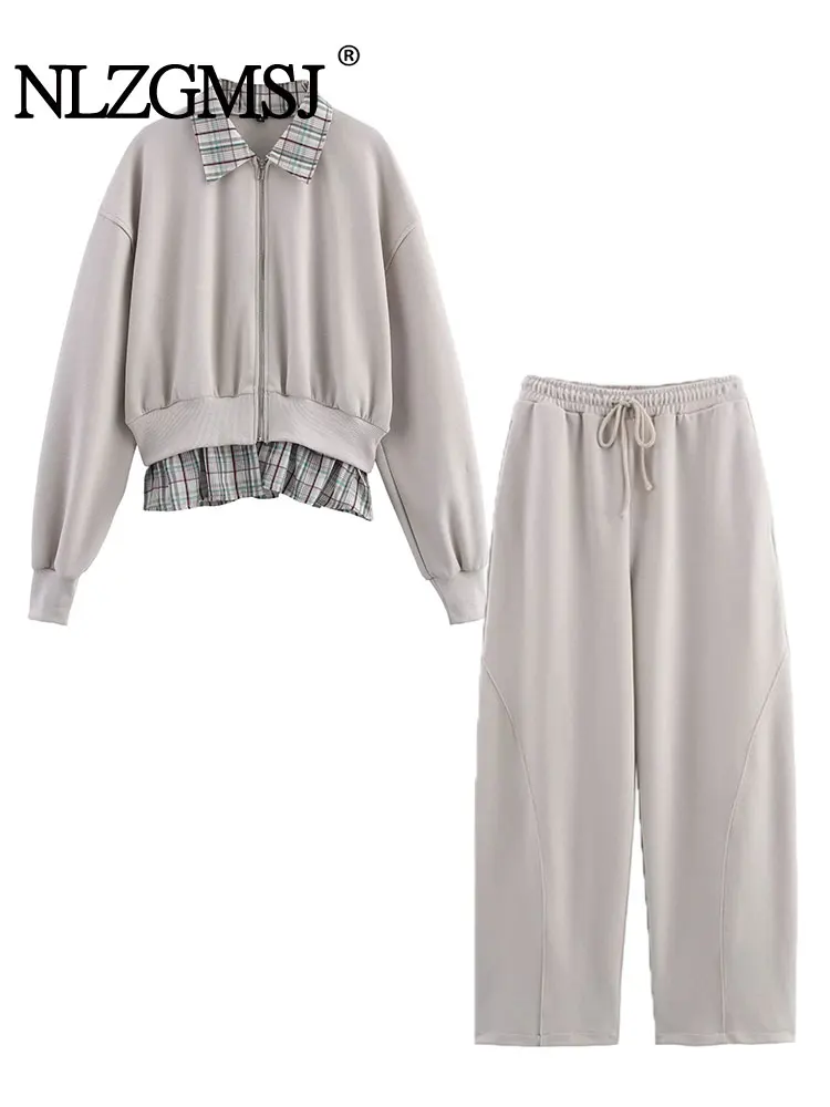 

Весна 2025 года, повседневный шикарный женский костюм, однотонный воротник-стойка, топ на молнии, свободные длинные брюки на шнурке, модные праздничные комплекты