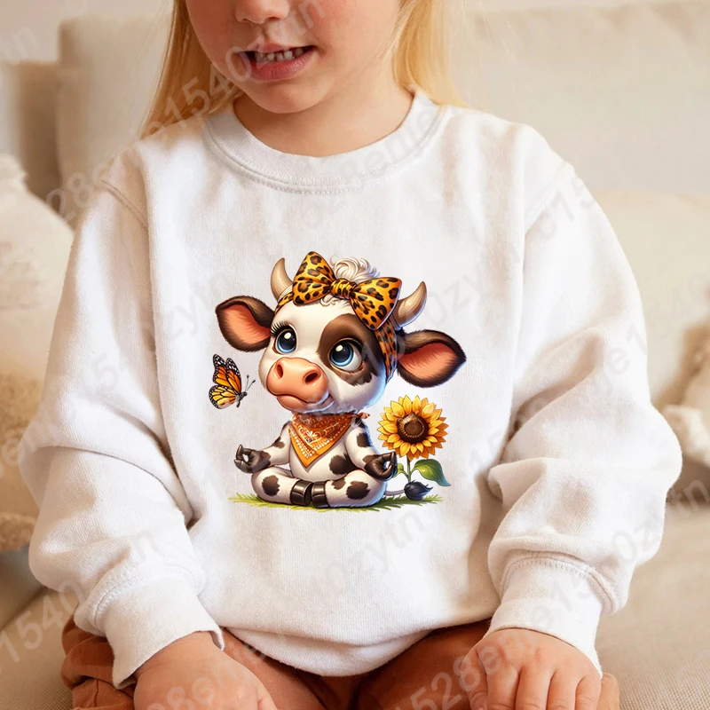 Children Hoodless Sweatshirt Cow Leopard Bow Sunflower Print Crew Neck Pullover Cool Soft Kids Girls Casual Pullover Winter Tops