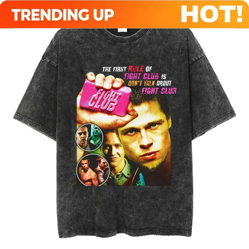 Customization Shirt Vintage Washed Tyler Durden Fight Club Graphic T Shirt Men's High Quality Oversized Cotton T-shirts Y2k Goth