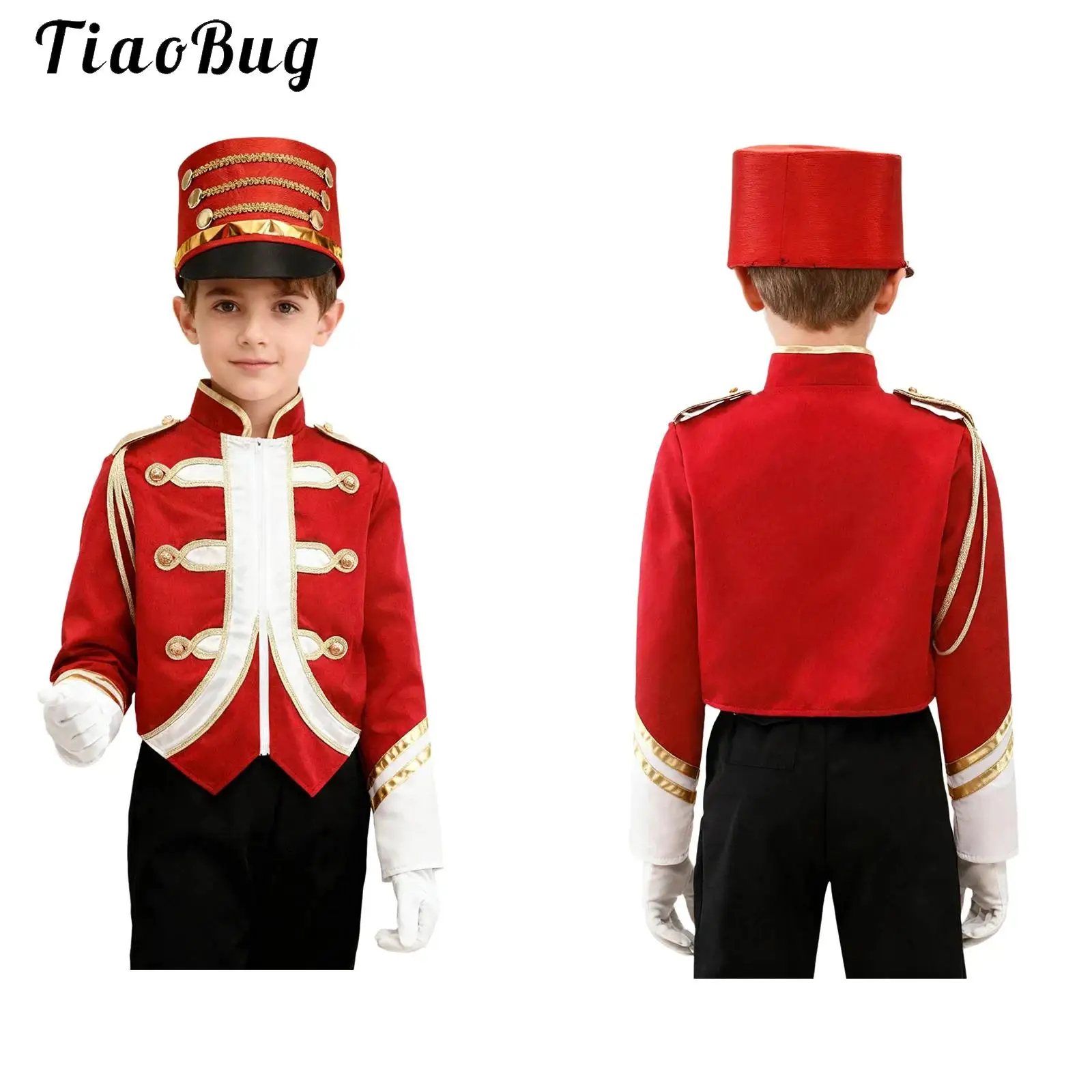 Kids Boys Long Sleeve Zipper Contrast Color Trim Jacket Coat with Hat Gloves Set for Trumpet Honor Guard Team Marching Band