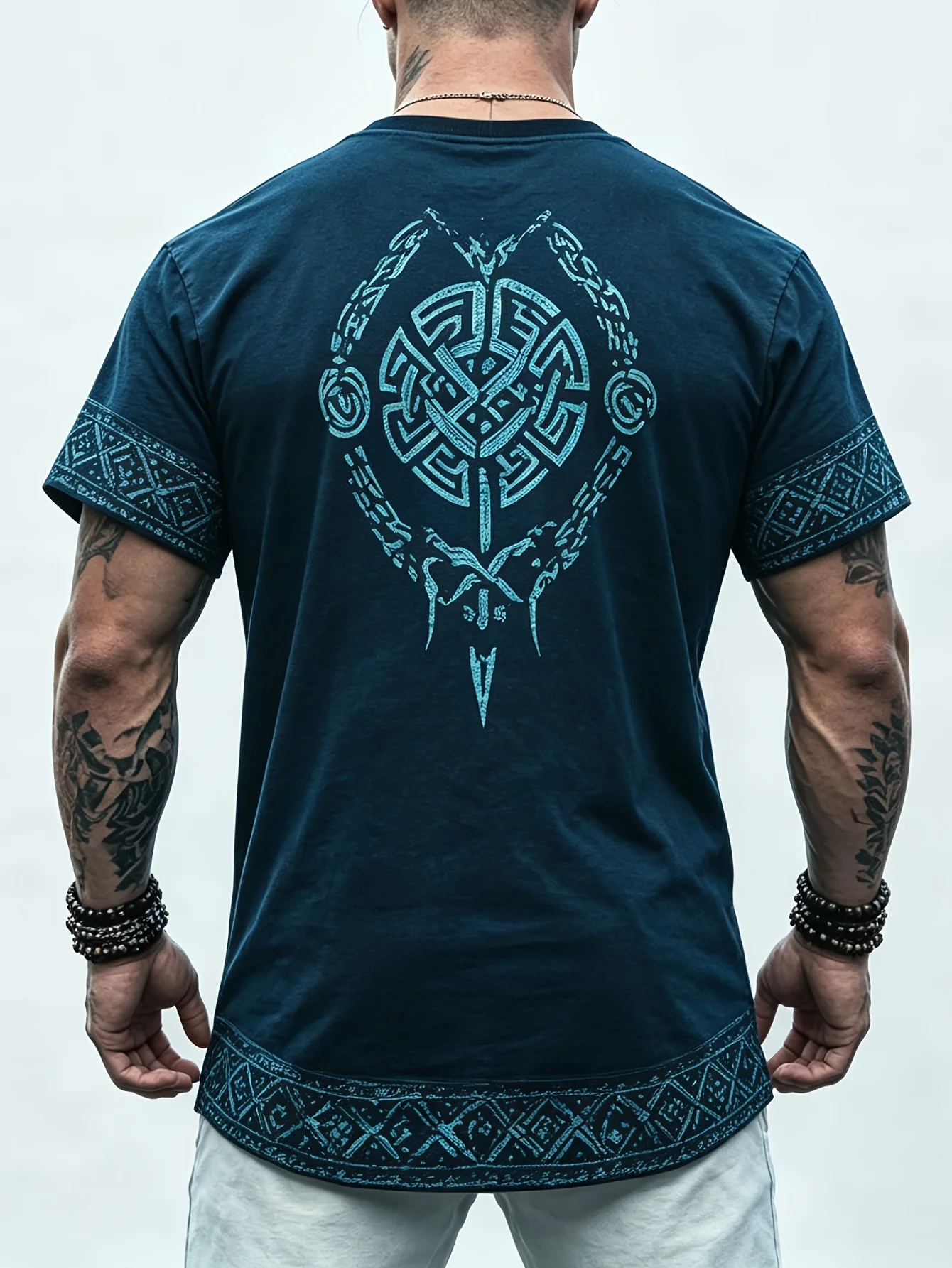 Men's Dark Teal Celtic Knot Totem Print T-Shirt Vintage Nordic Ethnic Crew Neck Short Sleeve