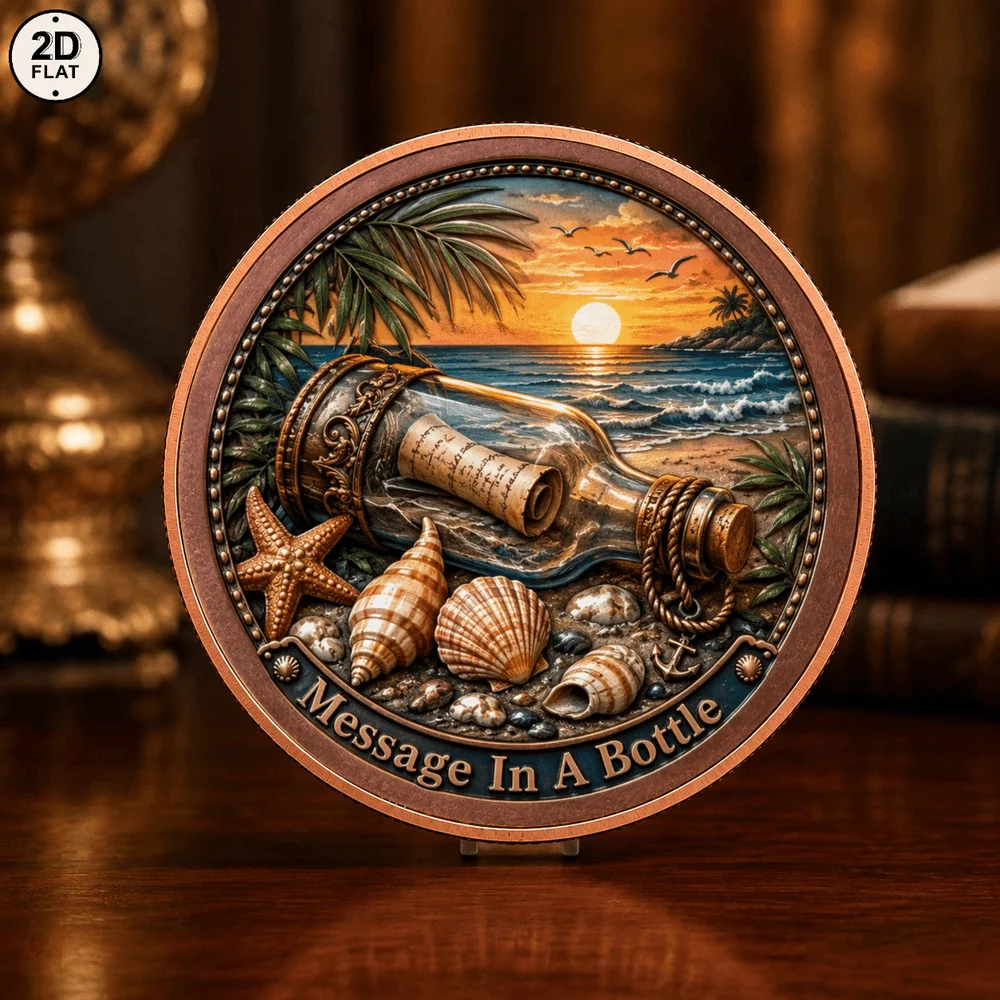 1pc 1oz .999 Fine Copper Message In A Bottle Commemorative Coin UV Print Drift Bottle with Scroll Challenge Coin Ocean Art Gift