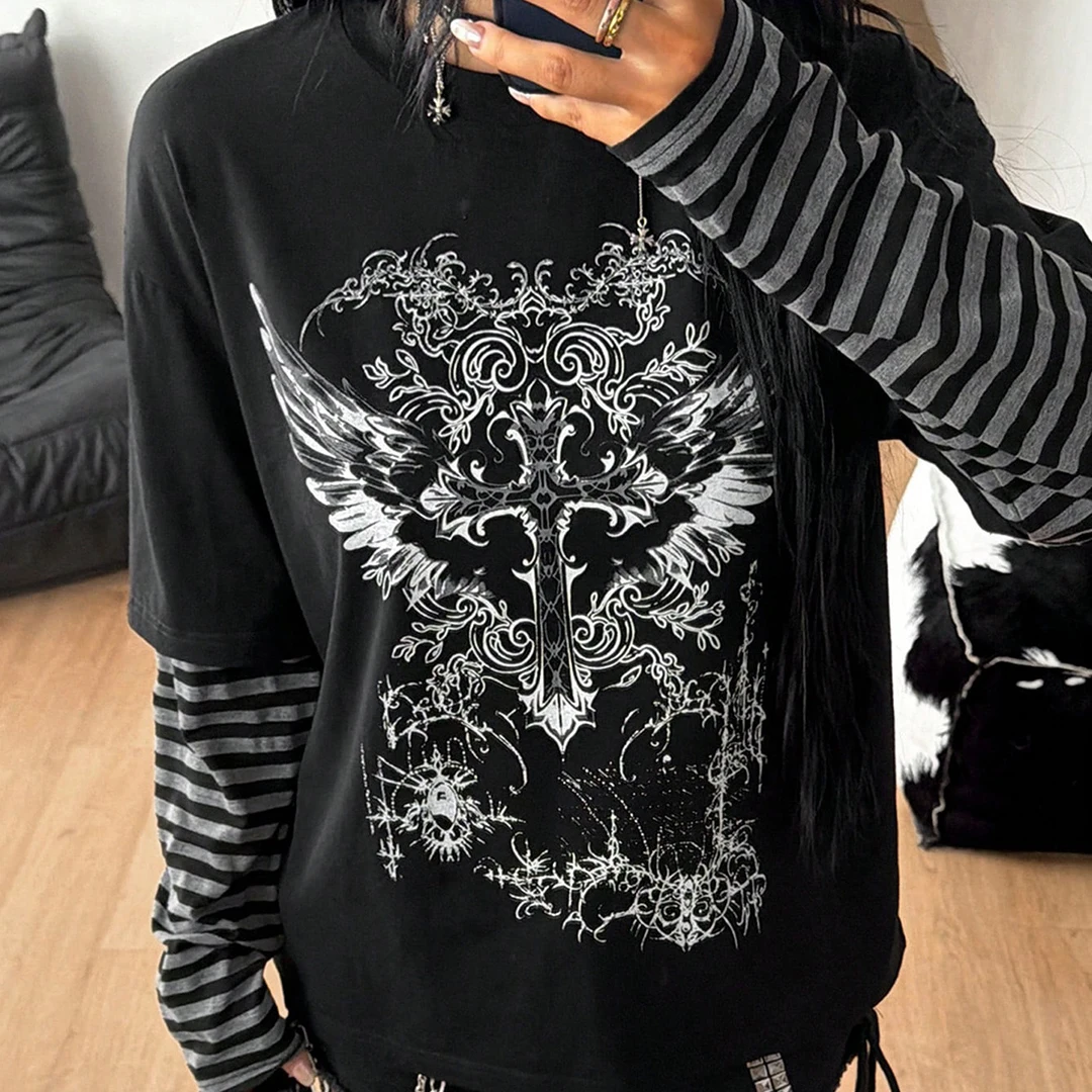 Y2K Gothic Printed Loose T-Shirt Top for Women Autumn Winter Long Sleeve Stripe Splicing Fake Two-Piece Set Spicy Girl Fashion
