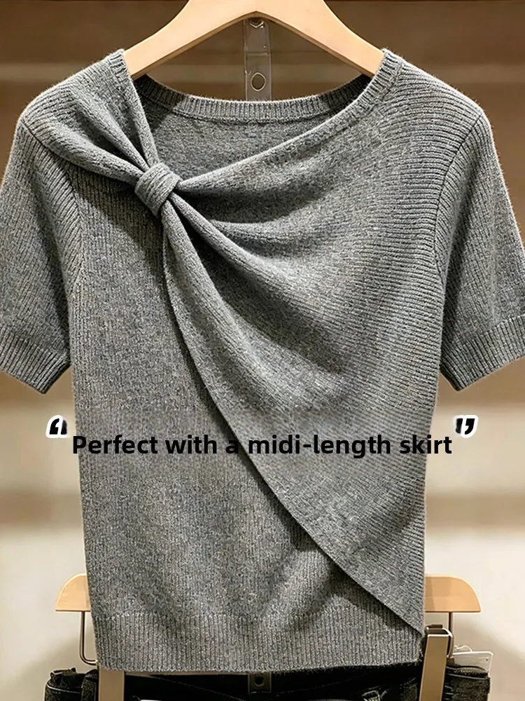 

Elegant Knot Short Sleeve T-Shirt Women's Summer Outerwear Inner Match Knitted Shirt Slimming Luxury Beautiful Top