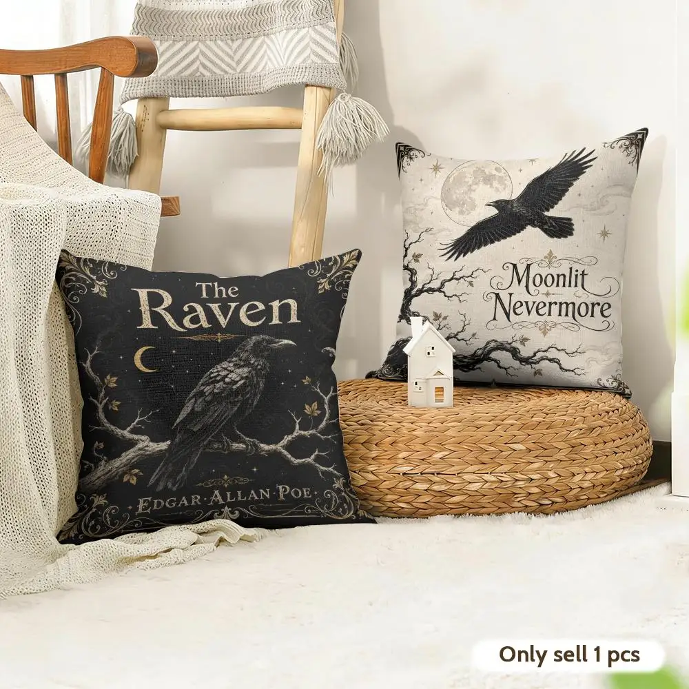 Dark Academia Raven Cushion Cover Linen Throw Soft Decorative  for Bed Sofa Car Home Decor Pillowcase 45x45cm