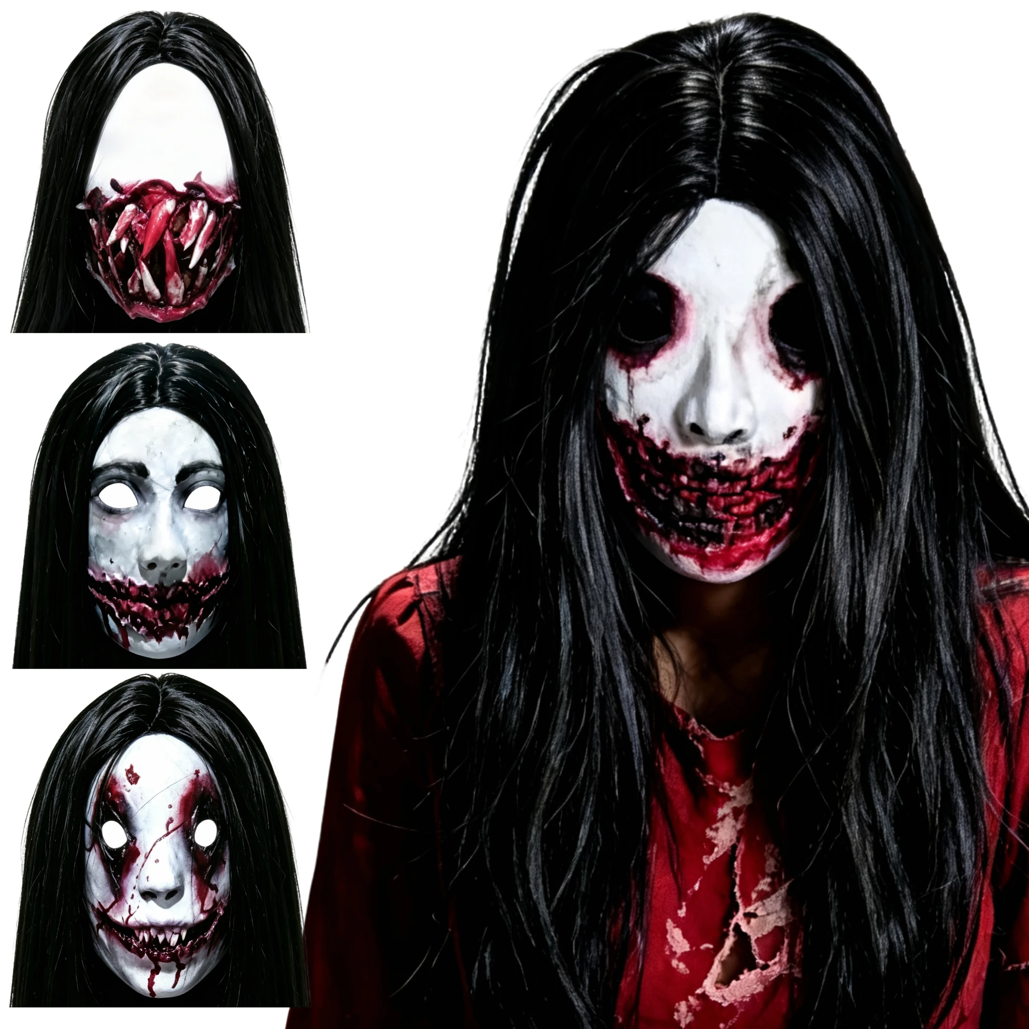 Creepy Full Head Mask with Long Black Hair, Bloody Ripped Facial Design, Adult Halloween Cosplay Costume Prop