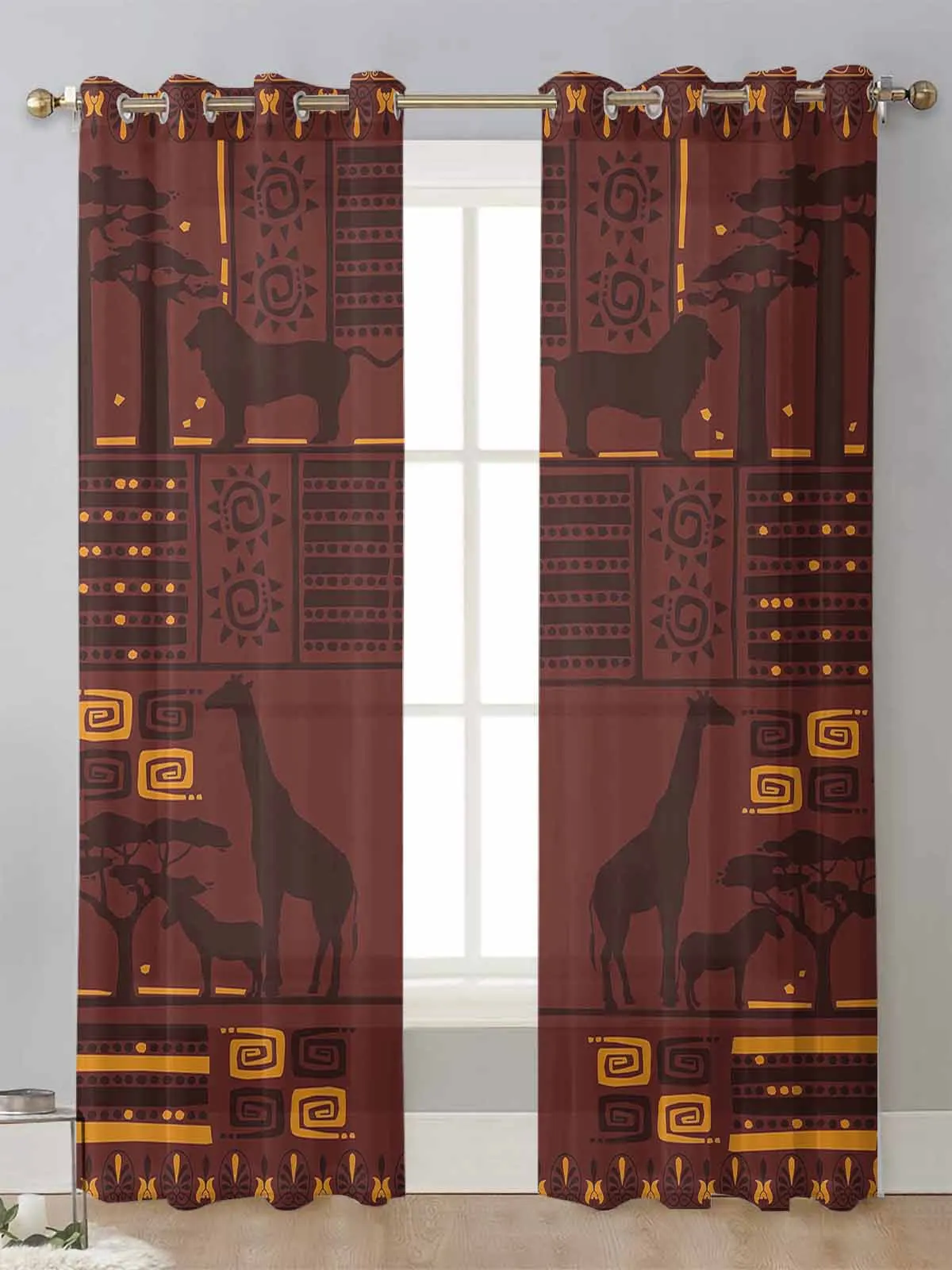 African Giraffe Lion Silhouette Sheer Curtains For Living Room Window Transparent Voile Tulle Curtain Cortinas Drapes Home Decor