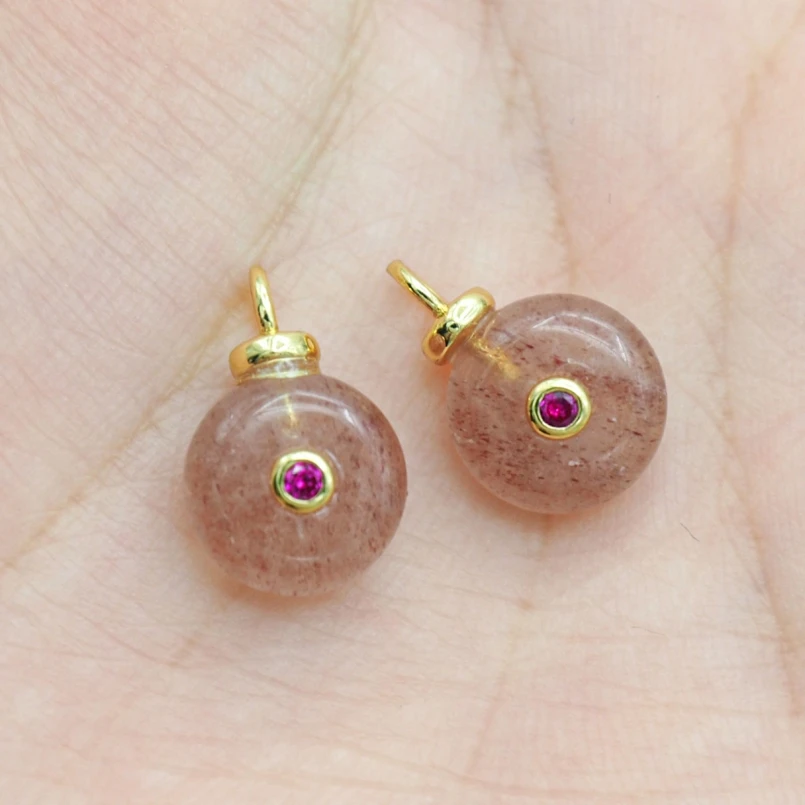 5Pcs Copper Charms Stawberry Quartz Cubic Zirconia Crystal Invisible Setting Circle Round Coin Shape Pendant Jewelry