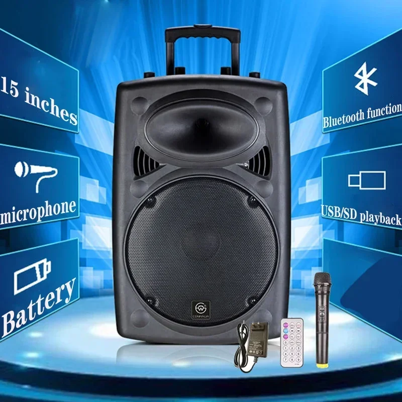 Altavoz de Karaoke portátil con Bluetooth, Subwoofer de alta potencia de 150W, 15 pulgadas, altavoz de baile cuadrado para exteriores, micrófono inalámbrico, disco auxiliar U