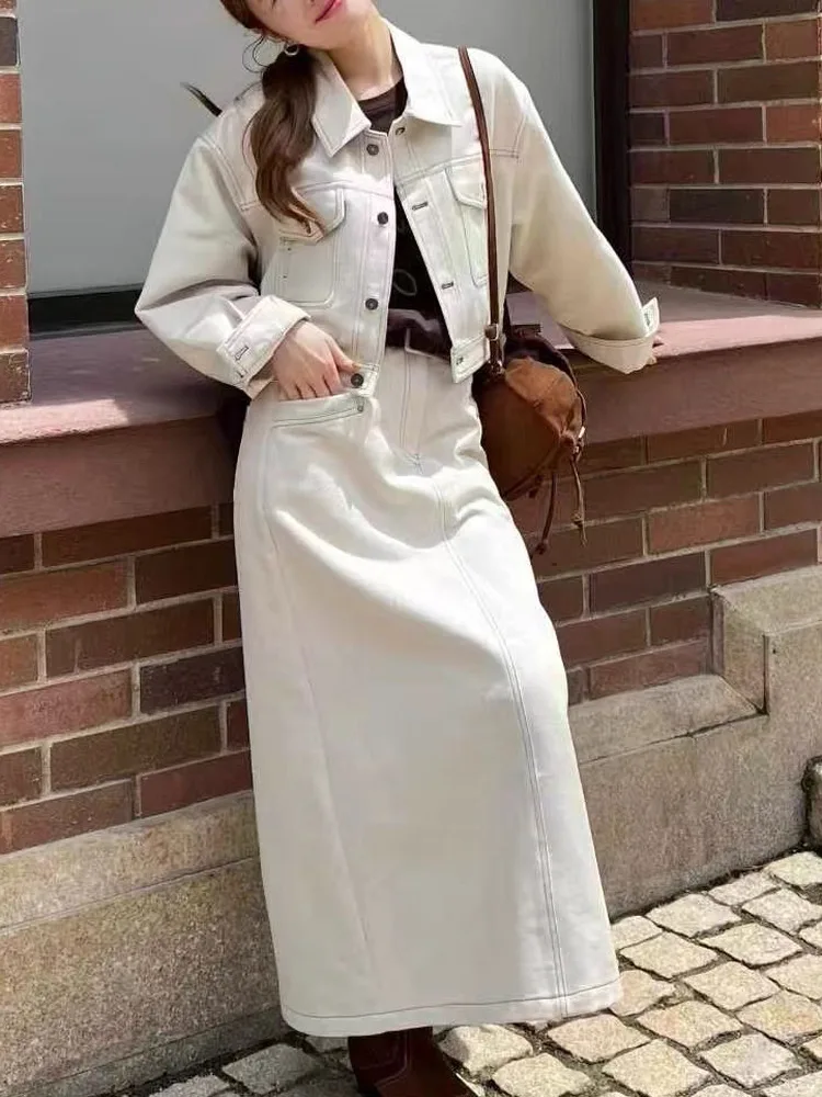 

Fall 2026 Collar Long Sleeve Short Denim Jacket High Waist Skirt Set Elegant Style Ladies Fashion Outerwear Top