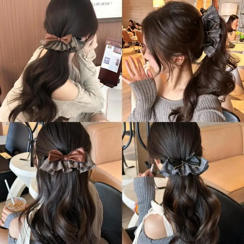 

Женские винтажные кожаные заколки для волос с бантом, заколки-бананы в клетку, модный головной убор с рюшами.