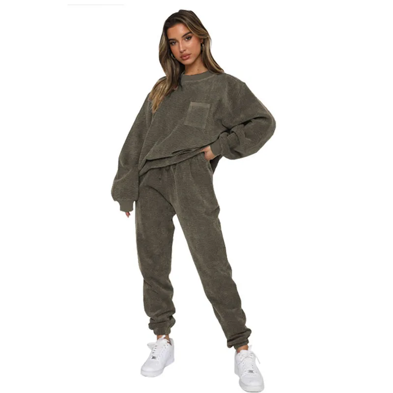 

Autumn and Winter New Women's Corduroy Round Neck Cover Long Sleeve Two-piece Fashion Trouser Suit Women Sports Style Suit