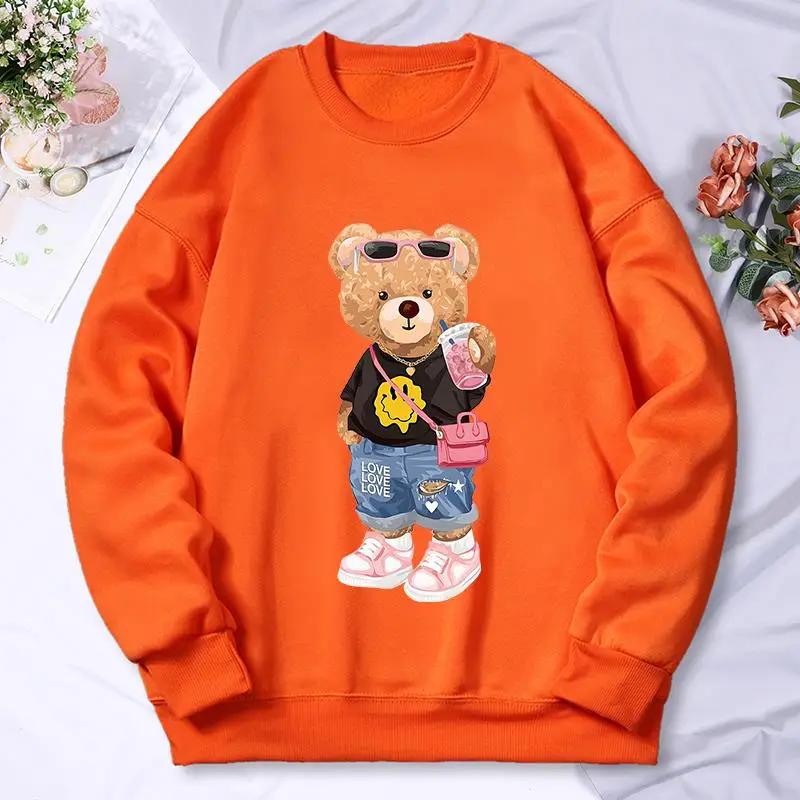 Bear Sister Drinking Milk Tea Printing Women\'S Hoody Autumn Warm Fleece Sweatshirt Casual Hoodies Hip Hop Loose Pullovers Top