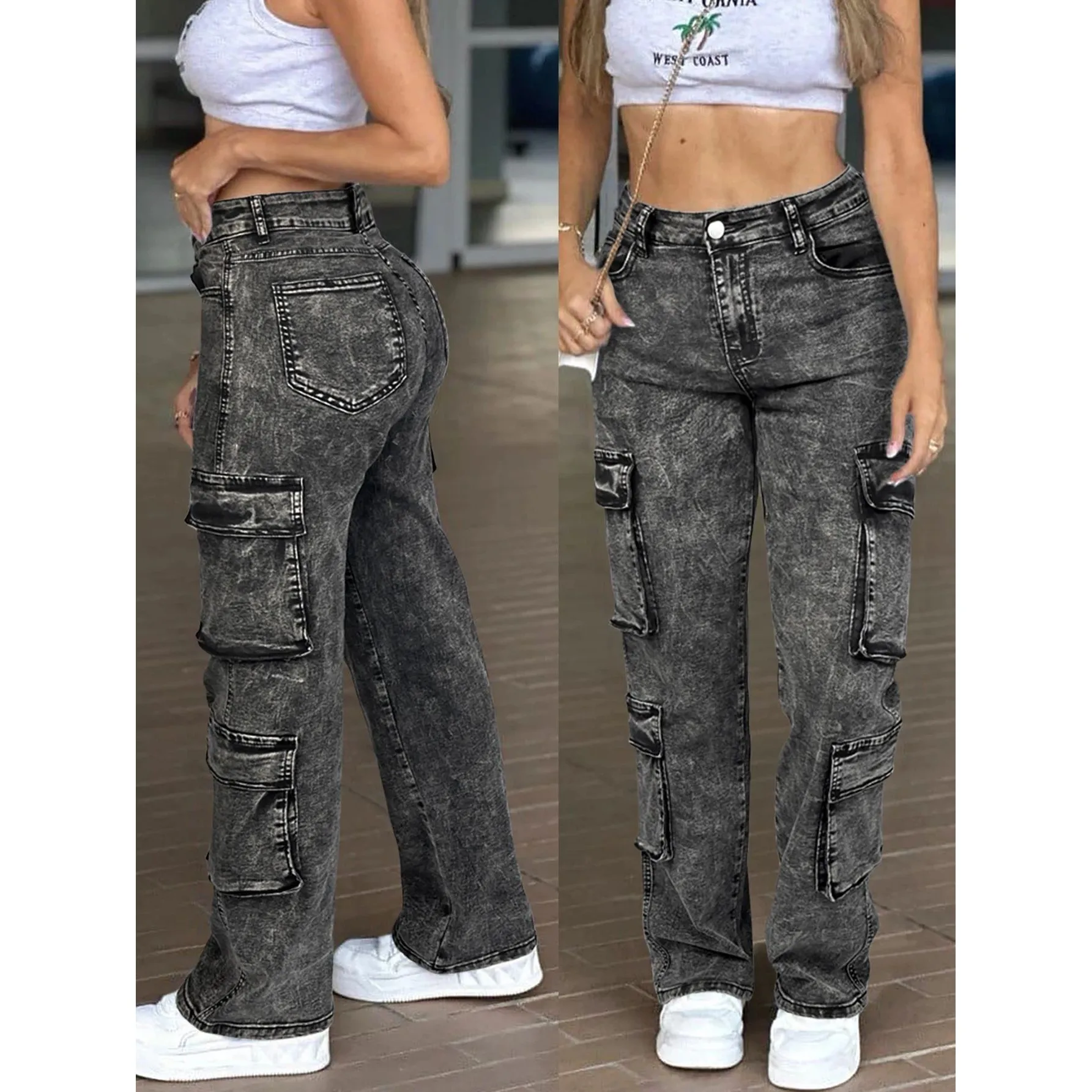 

Vintage Y2k Waed MultiFlap ket Straight Leg Cargo Jean CleanFit Sle Neutral PVC Material Casual Pants for Men