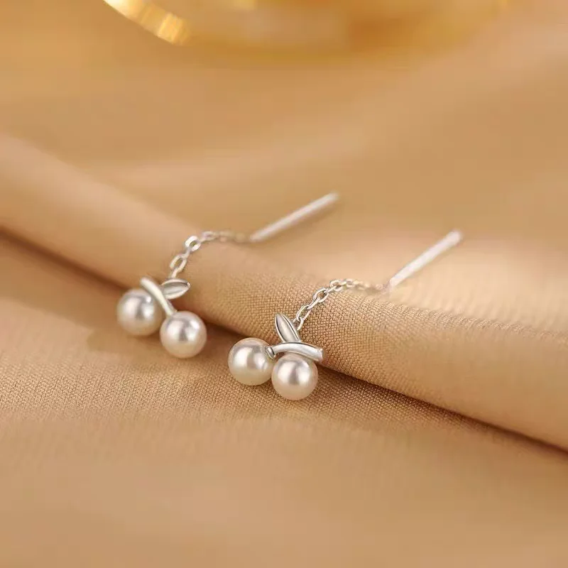 925 Silver Cute Cherry Shaped Ear Wire Korean Version Fashionable Exquisite Pearl Girl Gift Elegant Ear Ornament for Women