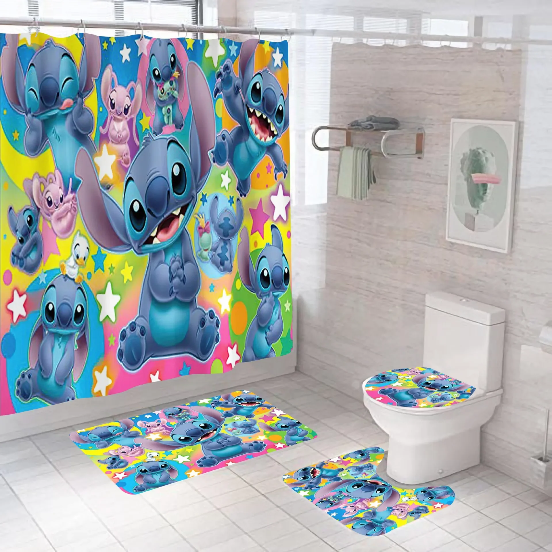 Disney Stitch Bathroom Curtains Shower Curtain Set for Bathroom Cartoon Ornate Bath Rug Decor