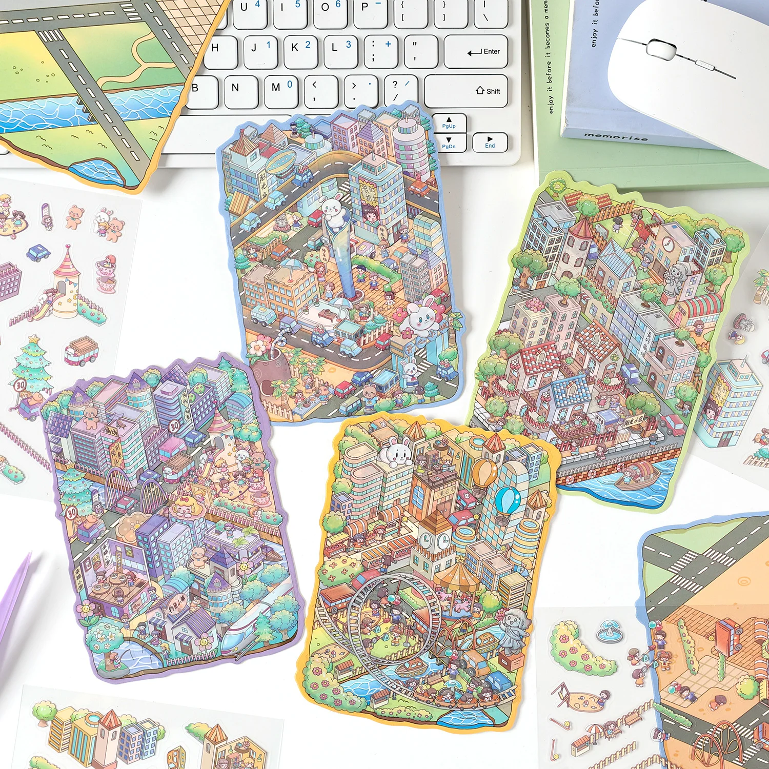 

12 Sheets/4 Bags City Theme 3D Scenery Stickers Stress Relief Game For Scrapbooking DIY Collage Phone Case Frame Decoration